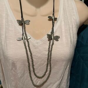 Dragonfly Silver Necklace Beaded and Corded Double Strand 4 Dragonflies